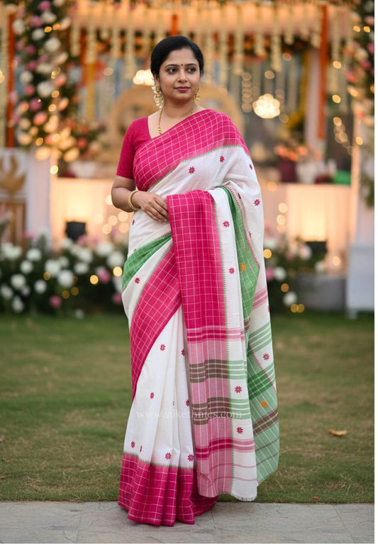 Red and White Dhaniakhali Bengal Handloom Ikkat Cotton saree