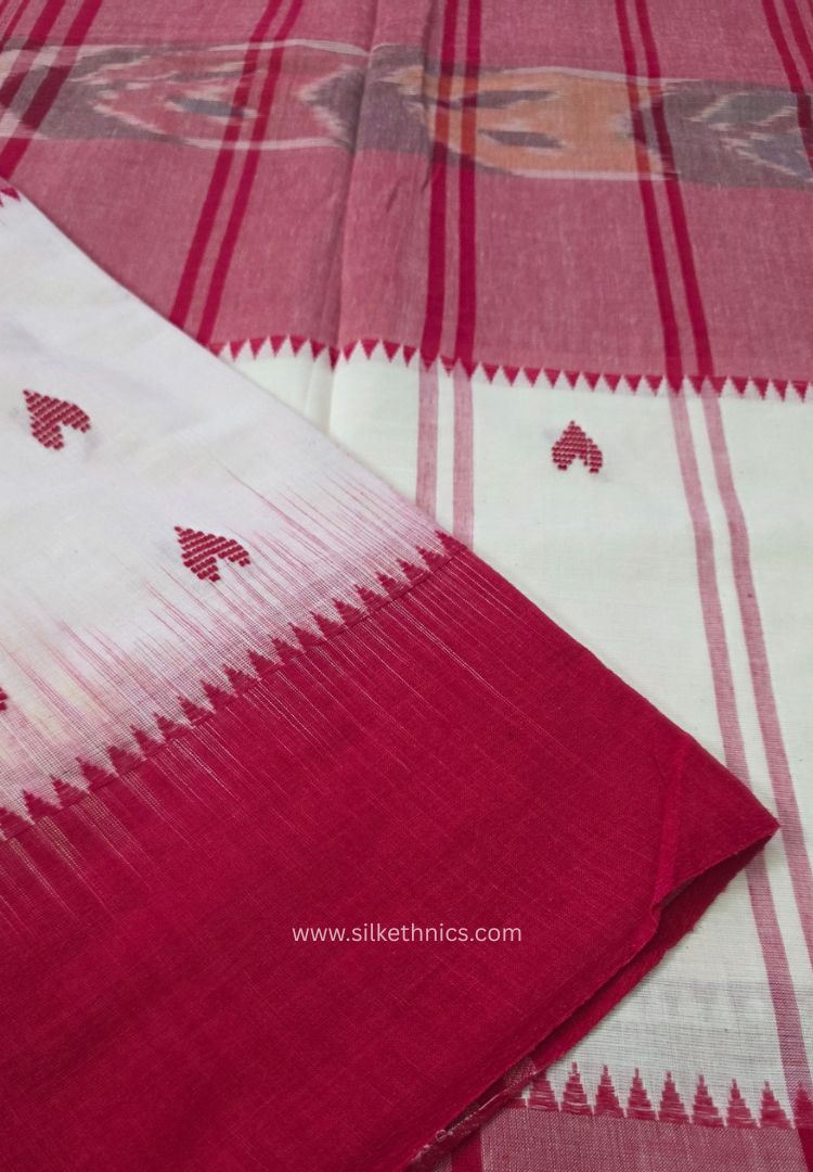 Red and White Dhaniakhali Handloom Ikkat Cotton saree