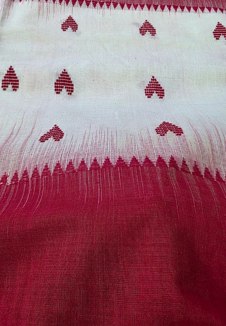 Red and White Dhaniakhali Handloom Ikkat Cotton saree