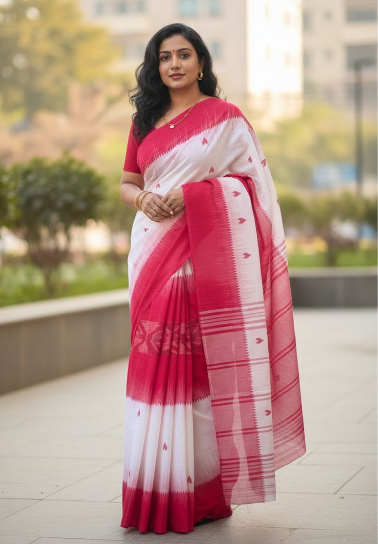Red and White Dhaniakhali Handloom Ikkat Cotton saree