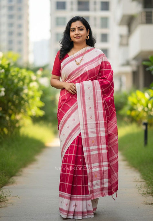 Red Dhaniakhali Handloom Ikkat Cotton saree