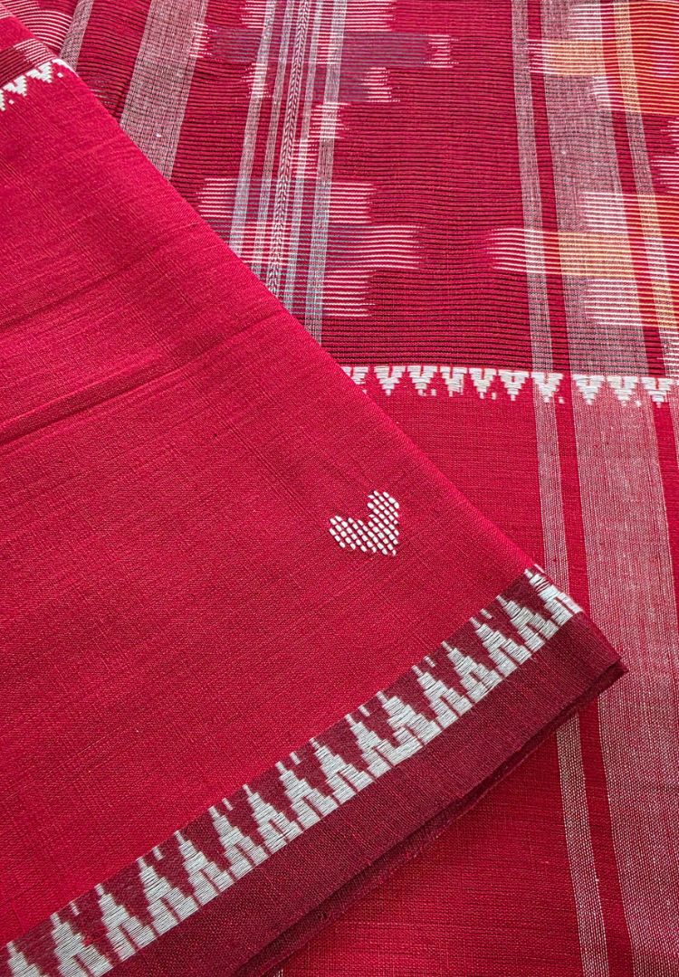 Vibrant Red Ikkat Dhaniakhali Bengal Handloom Cotton saree