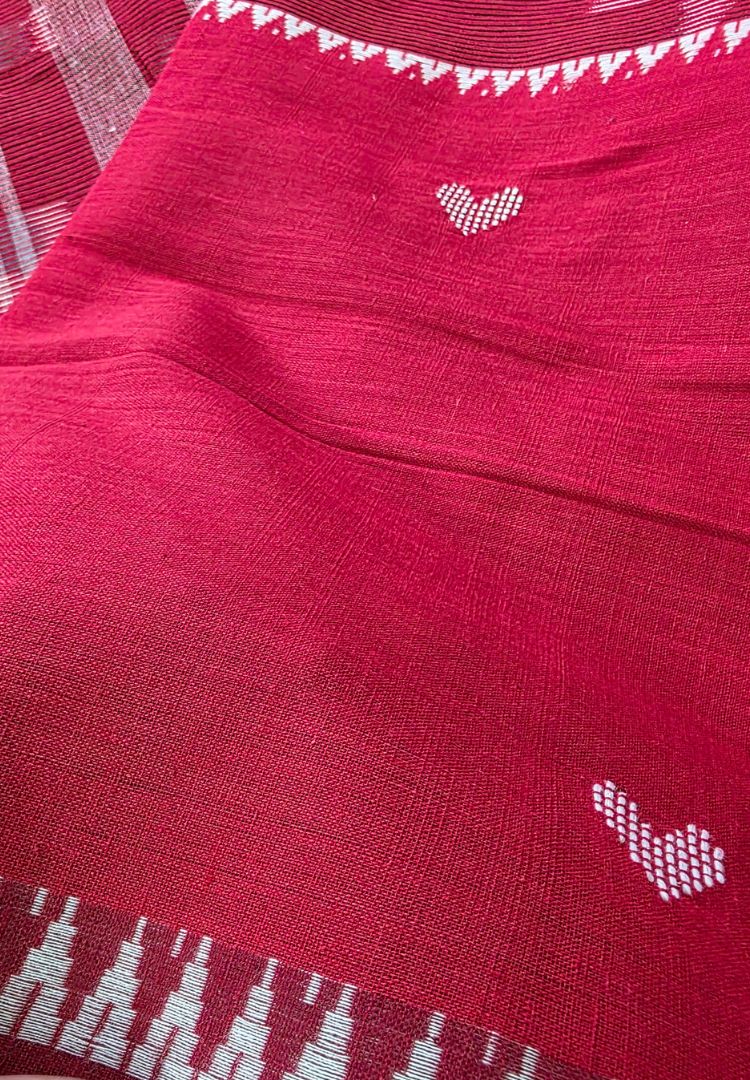 Vibrant Red Ikkat Dhaniakhali Bengal Handloom Cotton saree