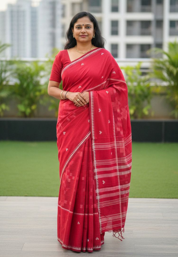 Vibrant Red Ikkat Dhaniakhali Bengal Handloom Cotton saree