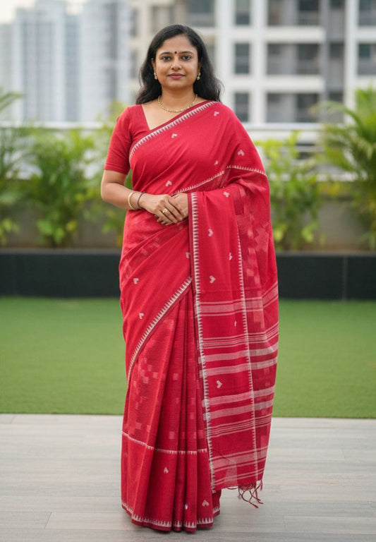 Vibrant Red Ikkat Dhaniakhali Bengal Handloom Cotton saree