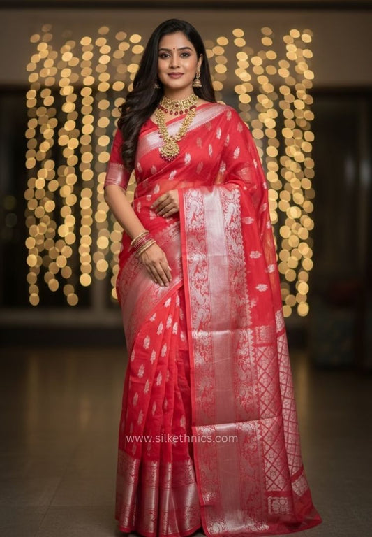Scarlet red pure Mangalagiri silk saree | Alekya Collection