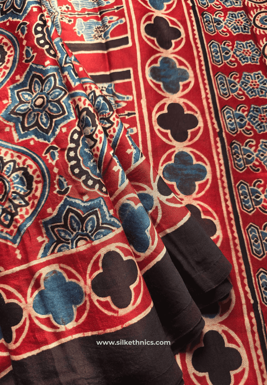 Rust Red Ajrakh handblock printed modal saree