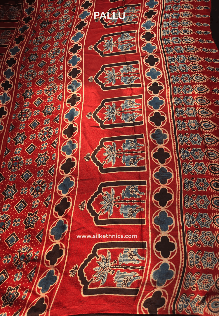 Rust Red Ajrakh handblock printed modal saree