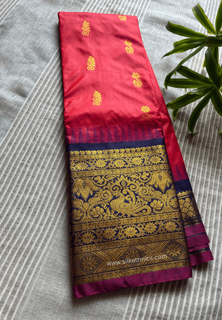 Red saree with gold zari woven blue temple border rich pallu