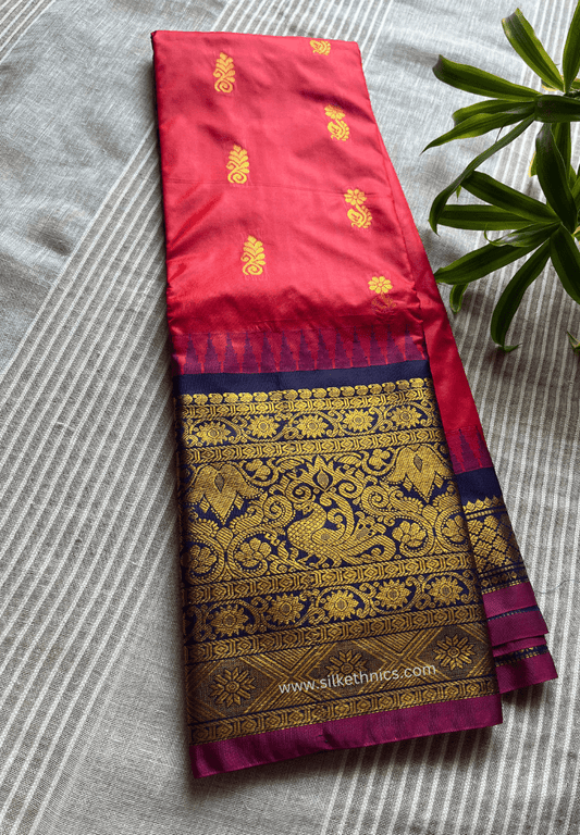 Red saree with gold zari woven blue temple border rich pallu