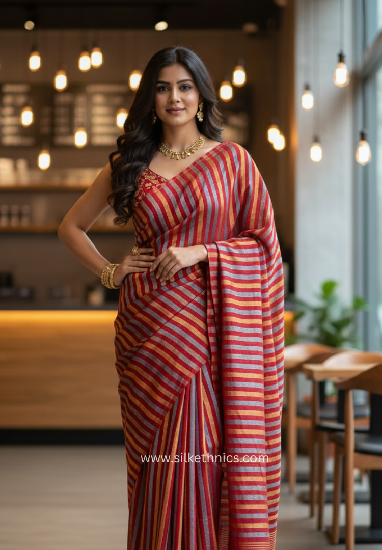 Striped red Rangreet mulcotton saree