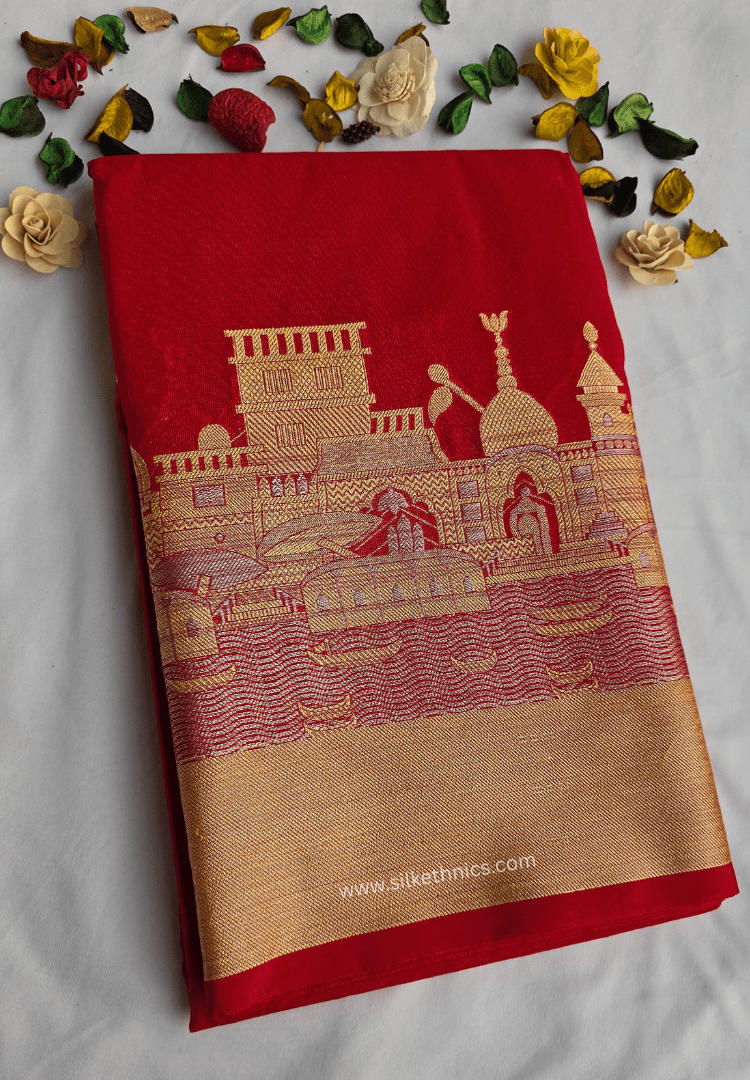Classic red Ganga Ghat Banarasi silk saree