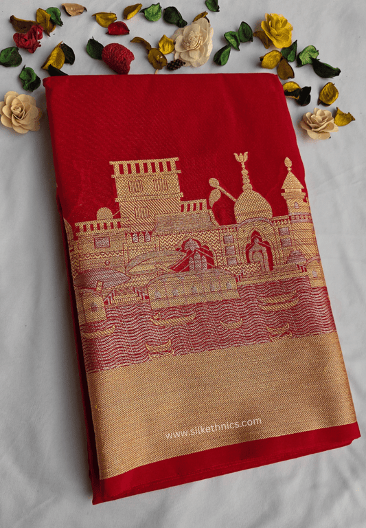 Classic red Ganga Ghat Banarasi silk saree