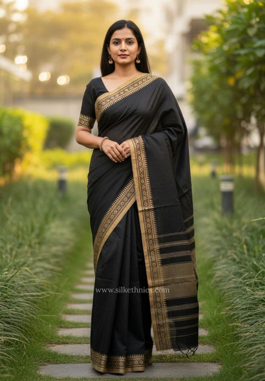 Rich Black Dhaniakhali Handloom Cotton saree
