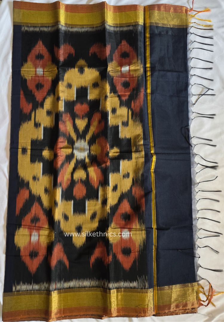 Rich Black Pochampally printed silkcotton saree