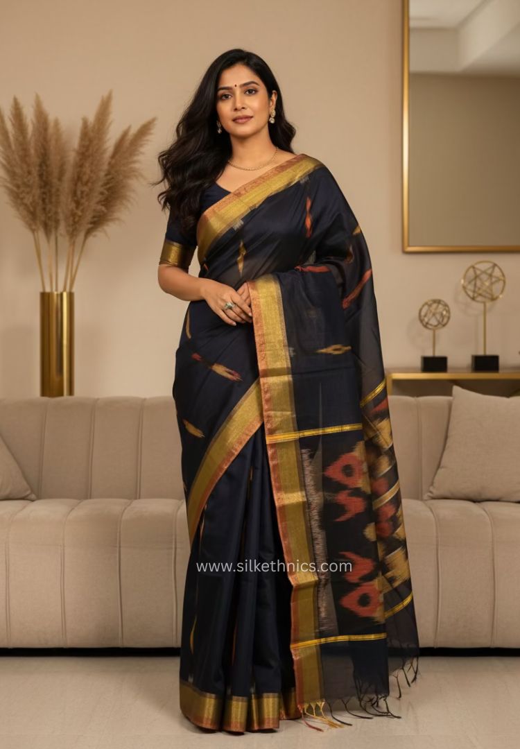 Rich Black Pochampally printed silkcotton saree