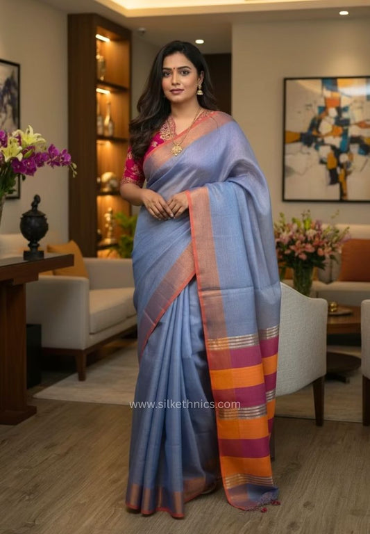 Sky blue metallic tissue linen saree