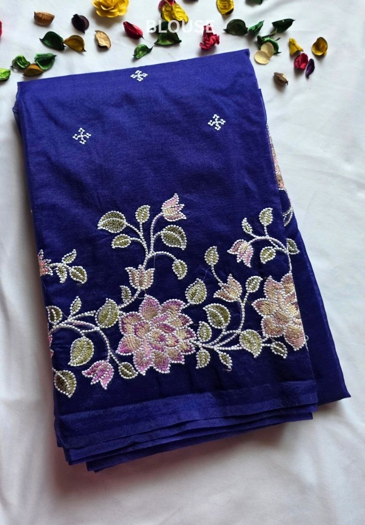 Royal blue Banarasi organza embroidered saree