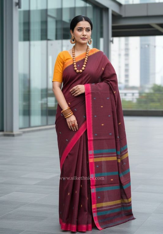 Rust Brown Dhaniakhali Handloom Cotton saree