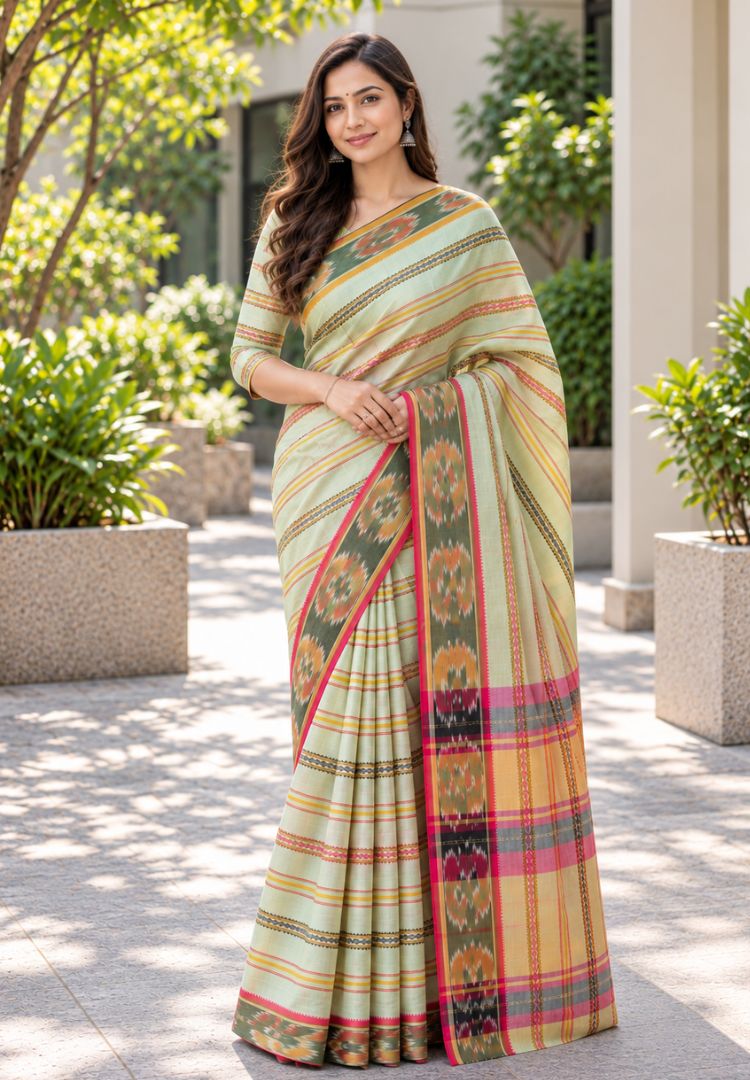 Woman wearing a sage green Ikkat Dhaniakhali handloom cotton saree - Silk Ethnics
