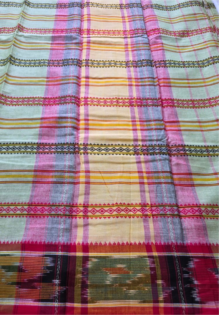 Sage green Dhaniakhali handloom cotton saree with colourful Ikkat pallu