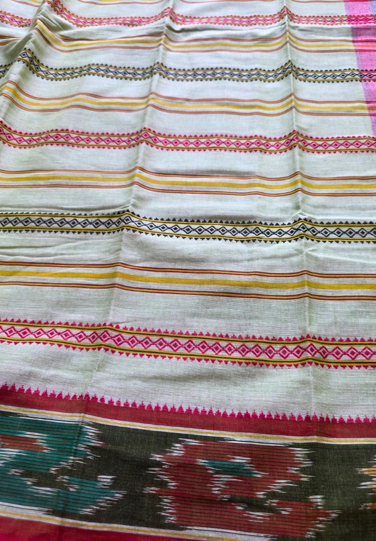 Close-up of the Ikkat pallu on a sage green Dhaniakhali cotton saree