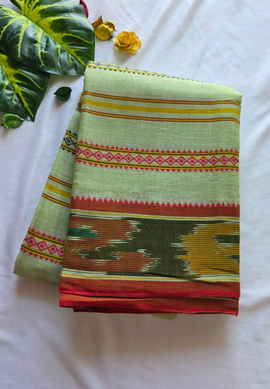 Folded sage green Ikkat Dhaniakhali pure handloom cotton saree