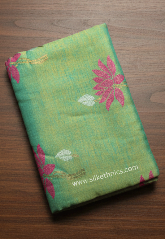 Sage Green and Gold Lotus Tissue Linen handloom Saree
