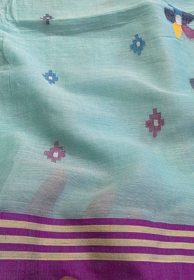 Sea green needlework Jamdani handloom cotton saree