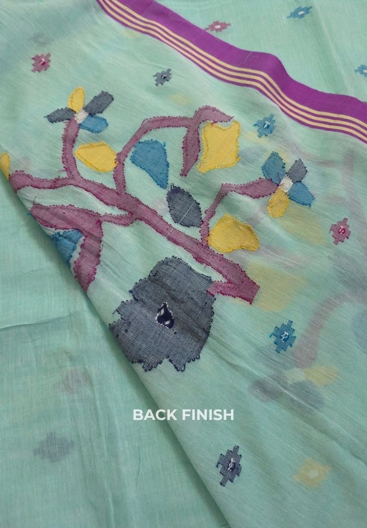 Sea green needlework Jamdani handloom cotton saree