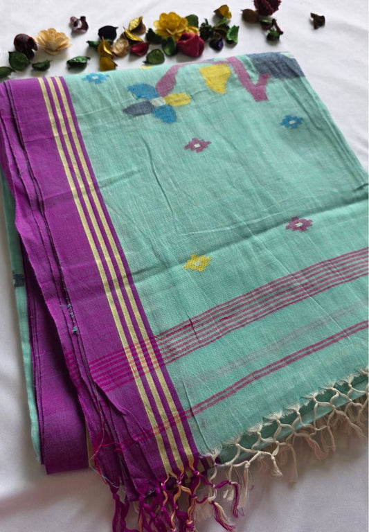 Sea green needlework Jamdani handloom cotton saree