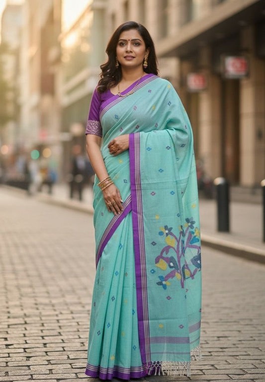 Sea green needlework Jamdani handloom cotton saree
