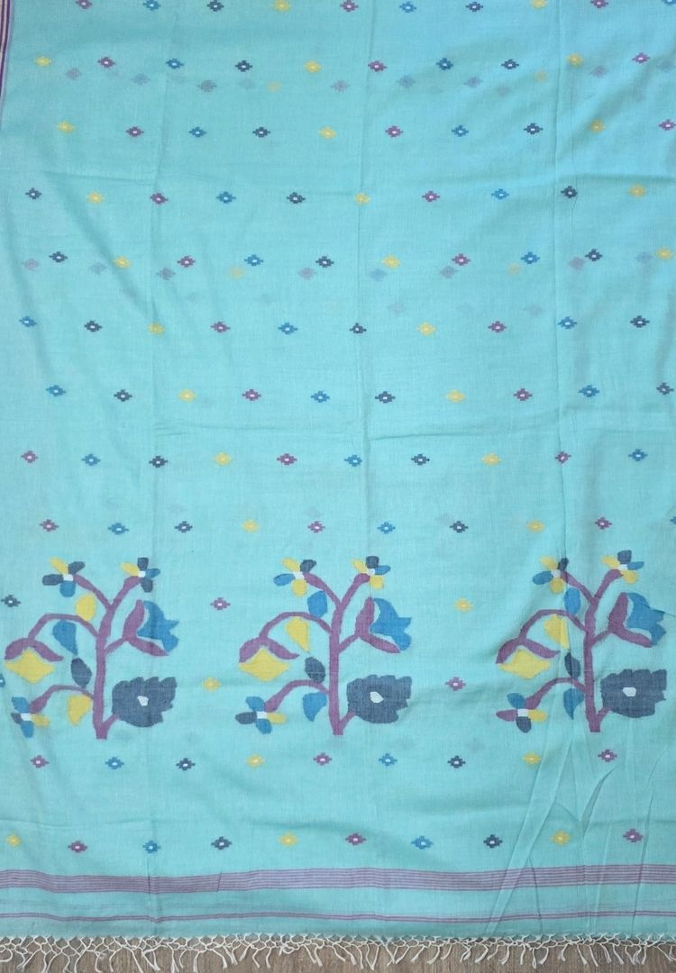Sea green needlework Jamdani handloom cotton saree