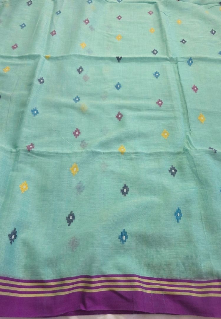 Sea green needlework Jamdani handloom cotton saree