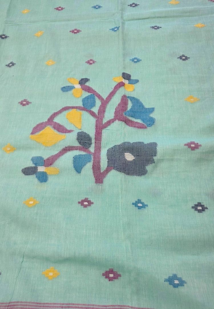 Sea green needlework Jamdani handloom cotton saree
