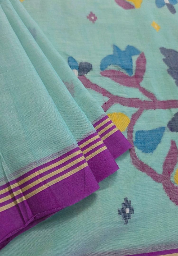 Sea green needlework Jamdani handloom cotton saree
