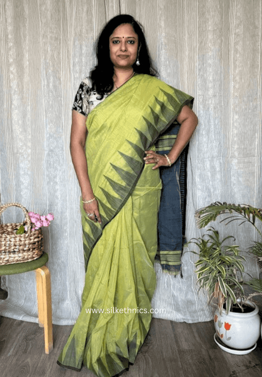 Olive green temple border saree