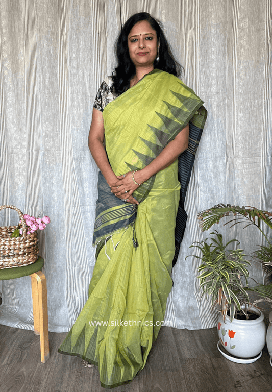 Olive green temple border saree
