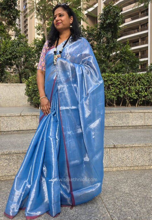 Sky blue Raaga handloom tissue saree - Neelambari