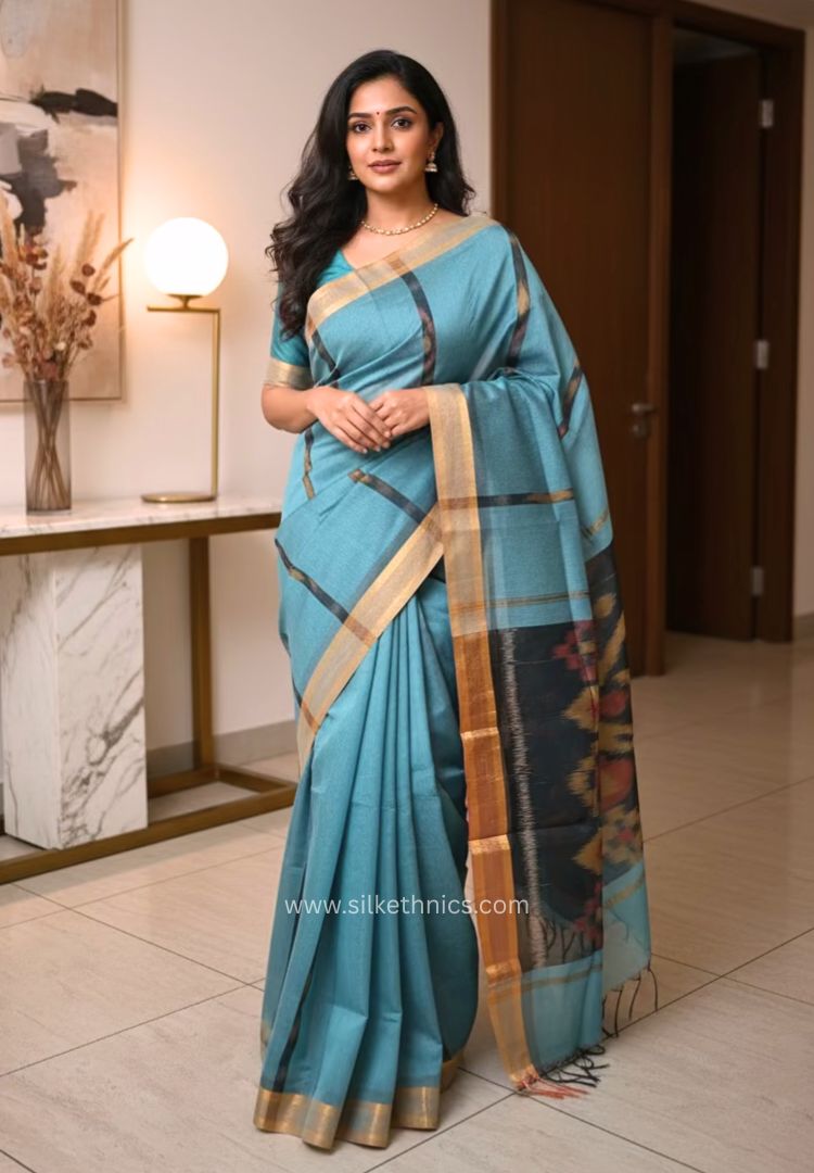 Sky Blue Pochampally printed silkcotton saree