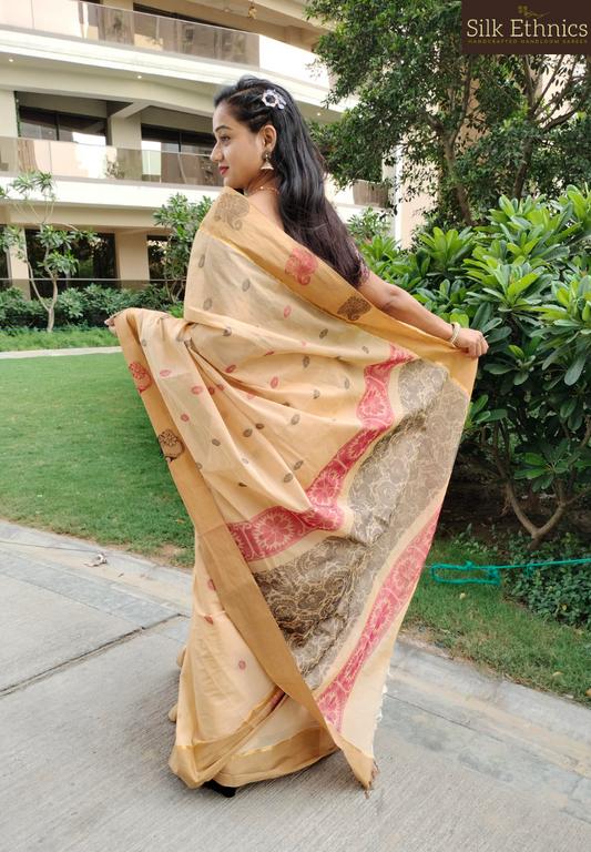 Ivory shaded pure handloom cotton saree