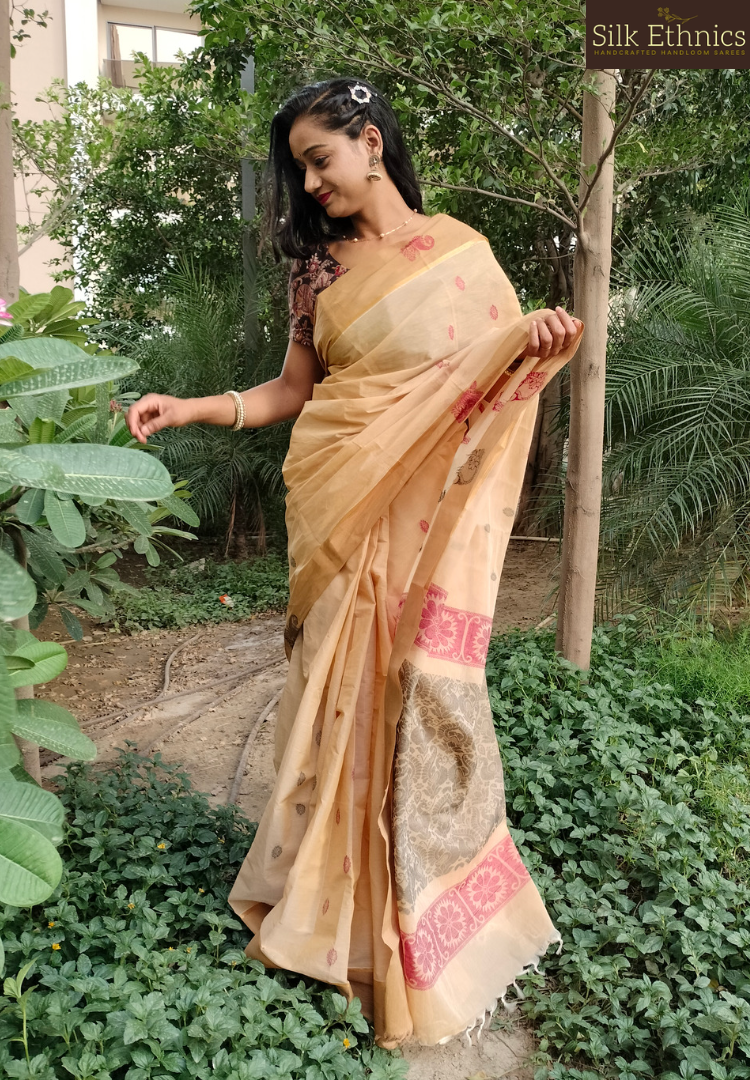 Ivory shaded pure handloom cotton saree