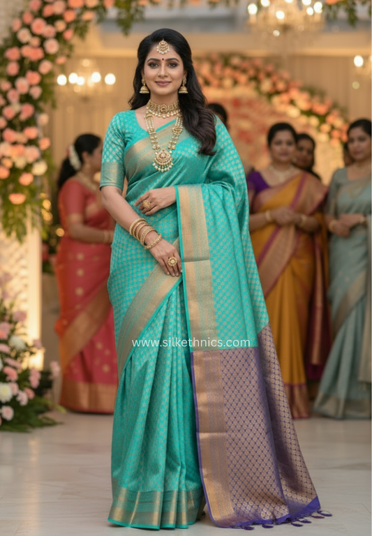Cyan blue Meena soft silk saree