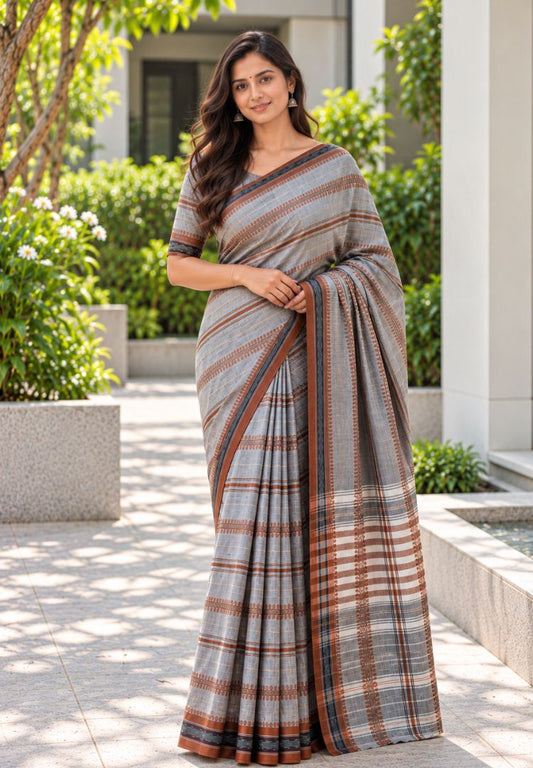 Woman wearing a steel grey Ikkat Dhaniakhali handloom cotton saree with woven stripes - Silk Ethnics