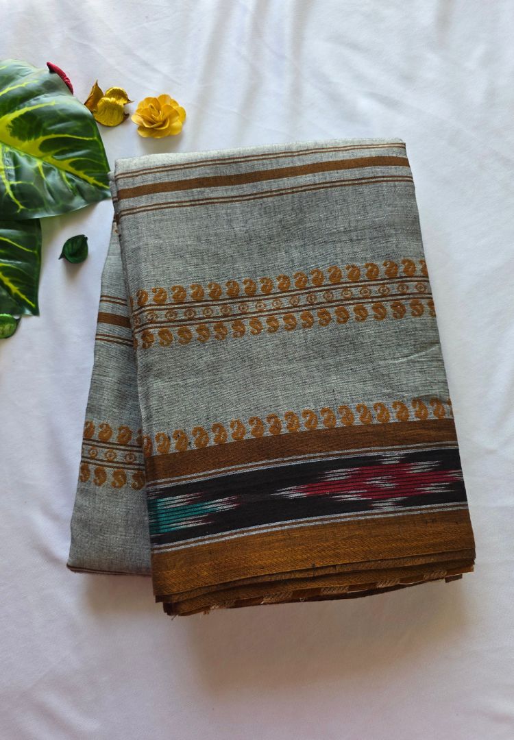 Folded steel grey Dhaniakhali handloom cotton saree with Ikkat bands