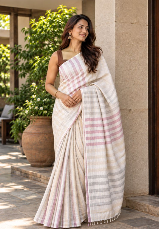 Striped beige Varnika linen saree