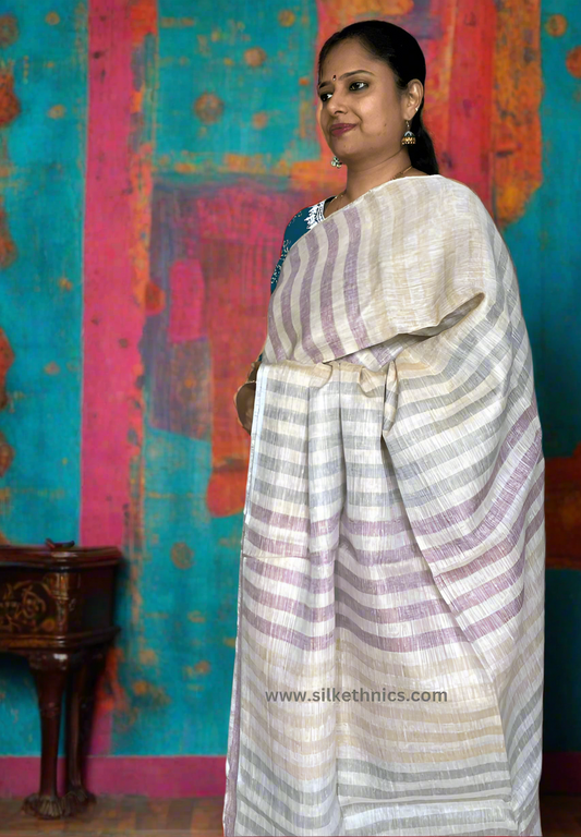 Striped beige Varnika linen saree