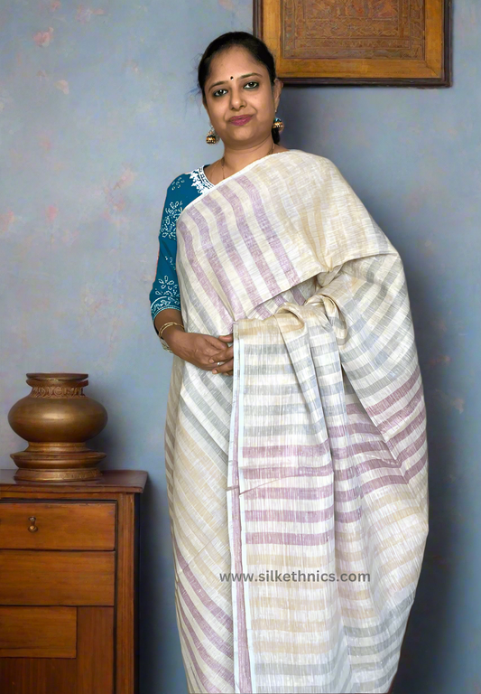 Striped beige Varnika linen saree