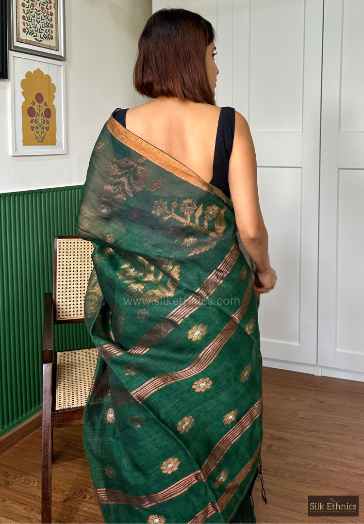 Forest green Tara linen saree