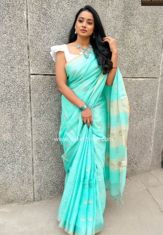 Turqoise green slub linen saree